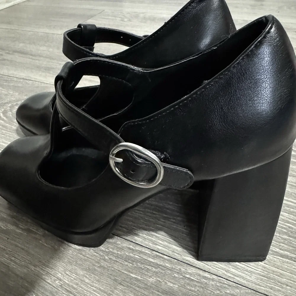 BAMBOO Black Academia Platform‎ Mary Jane Pumps Chucky Heel 9 Faux Leather Y2K